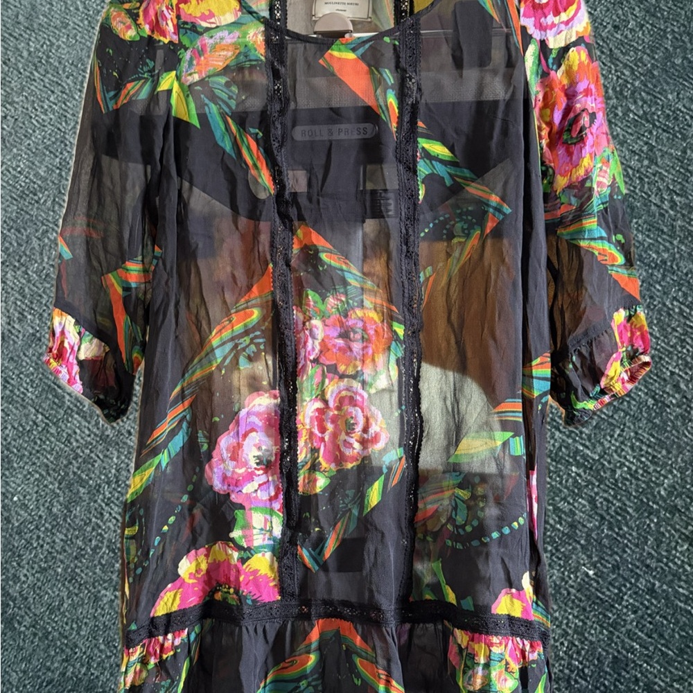 Moulinette Soeurs Black Sheer Mini Silk Dress Blouse with Vibrant Patterns